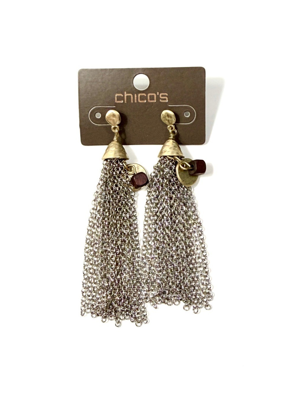 Chico's Gold Silver Tassel Earrings Wood Accent Beads